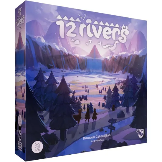 12 Rivers board game box by Good Games Publishing featuring mystical river and tribe artwork with colourful pearls