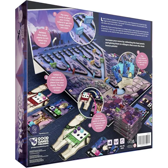 12 Rivers board game box by Good Games Publishing featuring mystical river and tribe artwork with colourful pearls