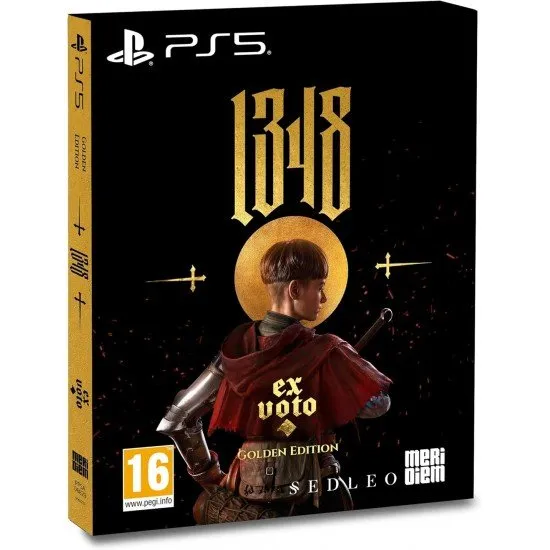 A premium golden game box alongside a physical artbook, a letter, and a fabric sew-on patch