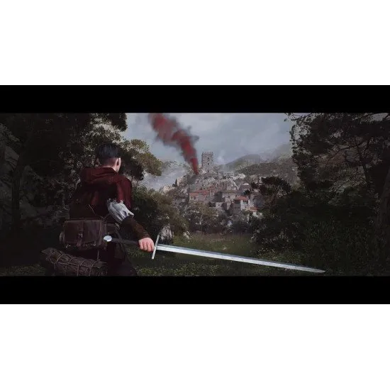 A young knight in medieval armour standing before a crumbling 14th-century Italian castle