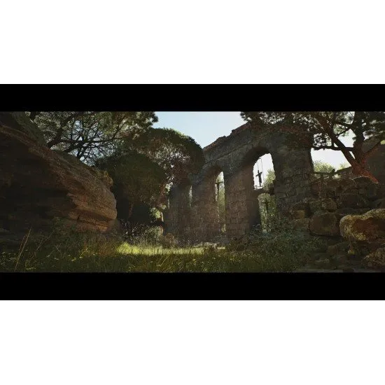 A young knight in medieval armour standing before a crumbling 14th-century Italian castle
