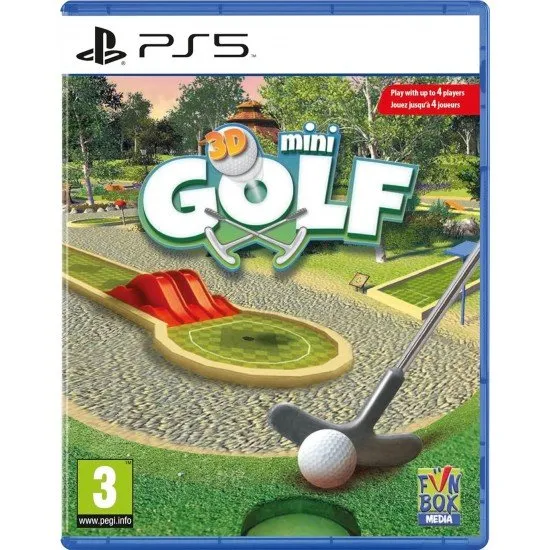 A mini-golf ball rolling towards a hole on a beach-themed course with palm trees and blue water