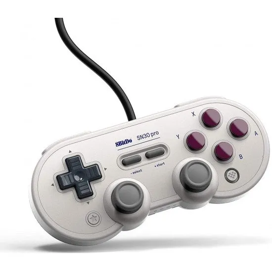 A retro-styled grey controller with purple face buttons and dual analogue sticks, inspired by classic 8-bit handheld aesthetics
