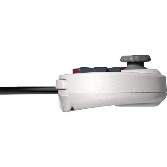 A retro-styled grey controller with purple face buttons and dual analogue sticks, inspired by classic 8-bit handheld aesthetics