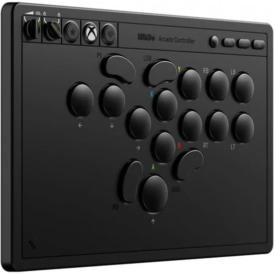 An ultra-thin black leverless arcade controller with sixteen mechanical buttons and a glowing RGB light ring