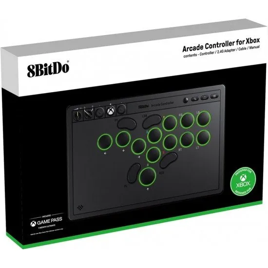 An ultra-thin black leverless arcade controller with sixteen mechanical buttons and a glowing RGB light ring