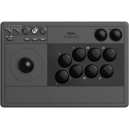 A premium all-black arcade fight stick featuring a ball-top joystick and eight large action buttons with Xbox branding