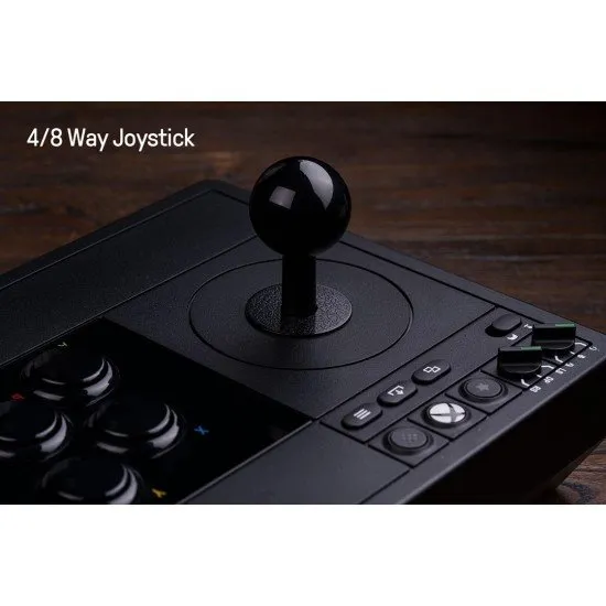 A premium all-black arcade fight stick featuring a ball-top joystick and eight large action buttons with Xbox branding