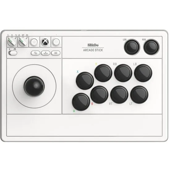 A sturdy white and black arcade fight stick featuring a ball-top joystick and large arcade-style buttons