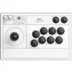 A sturdy white and black arcade fight stick featuring a ball-top joystick and large arcade-style buttons