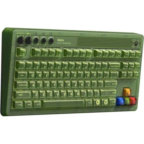 A tenkeyless mechanical keyboard featuring a green and black colour scheme inspired by the original Xbox with a large glowing Xbox button