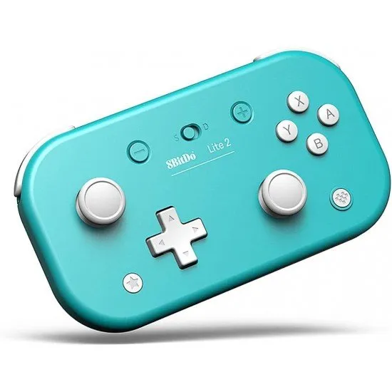 A small turquoise wireless gamepad with a classic cross-shaped D-pad and offset analogue sticks