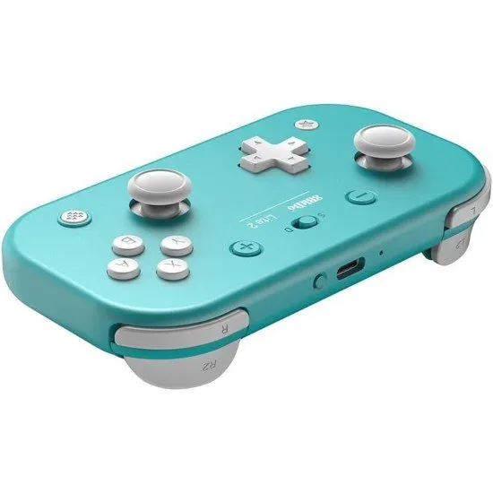 A small turquoise wireless gamepad with a classic cross-shaped D-pad and offset analogue sticks