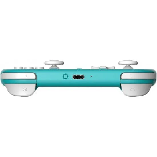 A small turquoise wireless gamepad with a classic cross-shaped D-pad and offset analogue sticks