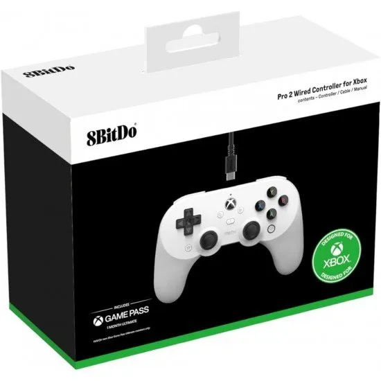 A white pro-style wired controller with textured grips, two rear buttons, and a central Xbox guide button