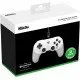 A white pro-style wired controller with textured grips, two rear buttons, and a central Xbox guide button
