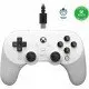 A white pro-style wired controller with textured grips, two rear buttons, and a central Xbox guide button