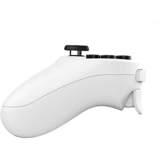 A white pro-style wired controller with textured grips, two rear buttons, and a central Xbox guide button