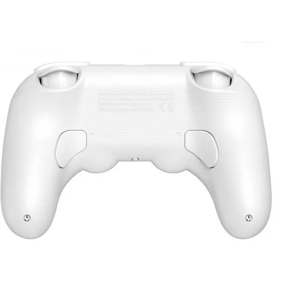 A white pro-style wired controller with textured grips, two rear buttons, and a central Xbox guide button
