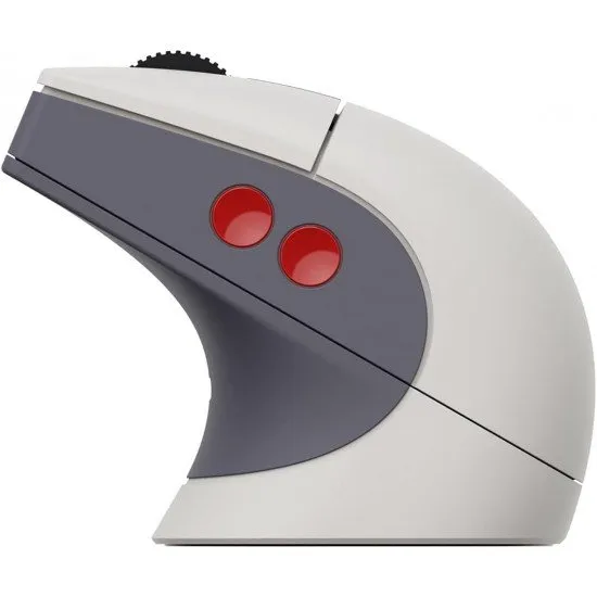 A retro-styled gaming mouse in grey and red tones sitting on a matching magnetic charging dock with a small signal extension light