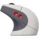 A retro-styled gaming mouse in grey and red tones sitting on a matching magnetic charging dock with a small signal extension light