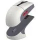 A retro-styled gaming mouse in grey and red tones sitting on a matching magnetic charging dock with a small signal extension light