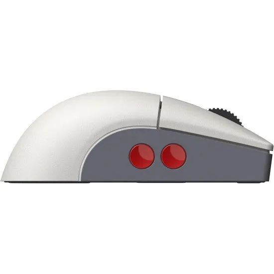 A retro-styled gaming mouse in grey and red tones sitting on a matching magnetic charging dock with a small signal extension light