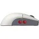 A retro-styled gaming mouse in grey and red tones sitting on a matching magnetic charging dock with a small signal extension light