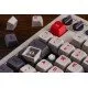 A vintage-style mechanical keyboard with grey and off-white keycaps, red accents, and two oversized external arcade buttons
