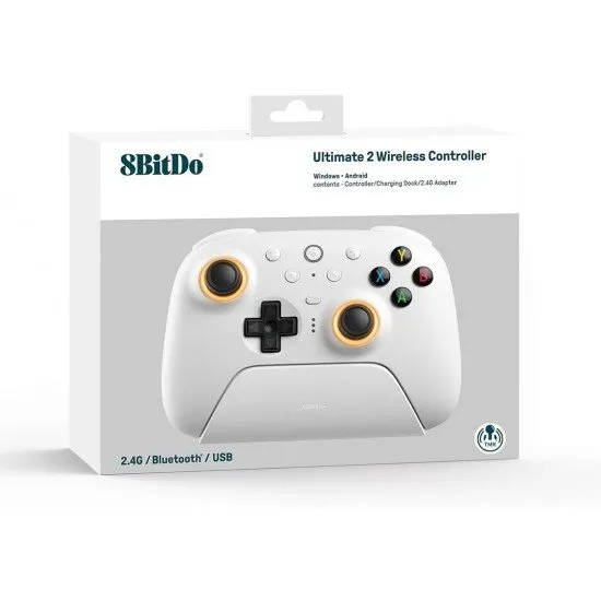 A sleek white pro-style controller with offset sticks and back paddles sitting in a matching white magnetic charging dock