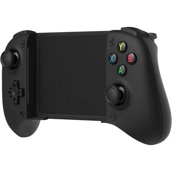 A black expandable mobile gaming controller with offset sticks and a central slot for a smartphone