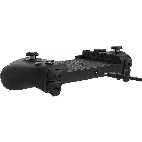 A black expandable mobile gaming controller with offset sticks and a central slot for a smartphone