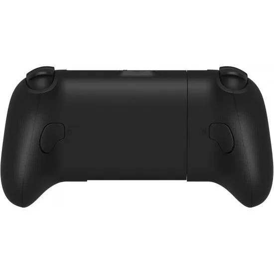 A black expandable mobile gaming controller with offset sticks and a central slot for a smartphone