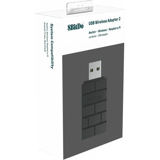 A small black USB adapter shaped like a classic brick with the 8BitDo logo and a pairing button