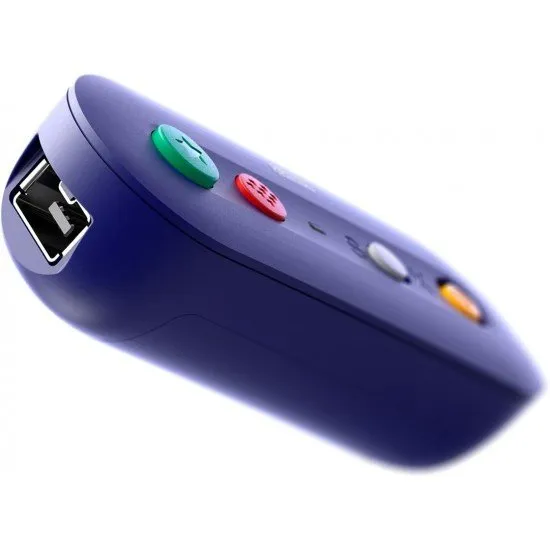 A small purple wireless adapter with ports for GameCube and Wii Classic controllers next to a Nintendo Switch console