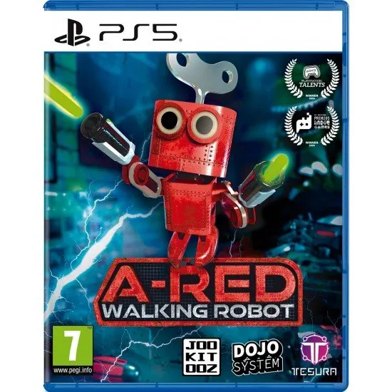 A-RED Walking Robot PS5 game cover featuring a small red wind-up robot in a large workshop