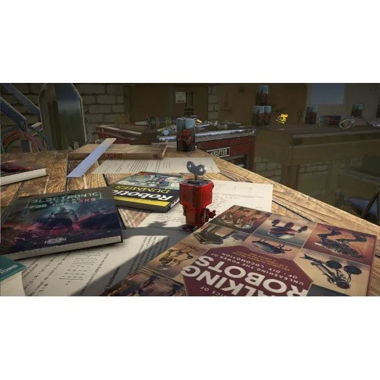 A-RED Walking Robot PS5 game cover featuring a small red wind-up robot in a large workshop