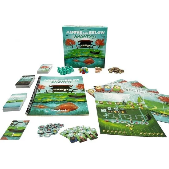 Whimsical stilt houses on azure lakes with wooden ghost tokens and new cave adventure cards