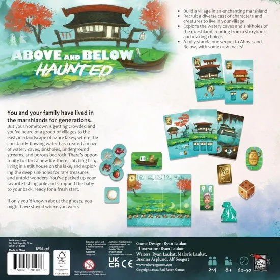 Whimsical stilt houses on azure lakes with wooden ghost tokens and new cave adventure cards