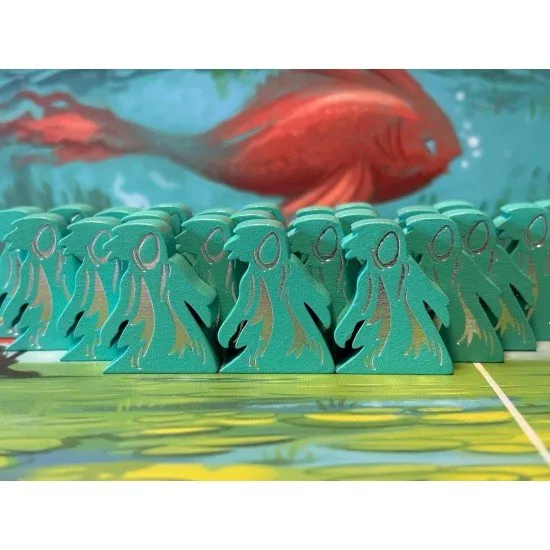 Whimsical stilt houses on azure lakes with wooden ghost tokens and new cave adventure cards