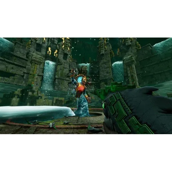 A group of four divers in glowing brass armour firing harpoon-like energy weapons at mutated sea creatures