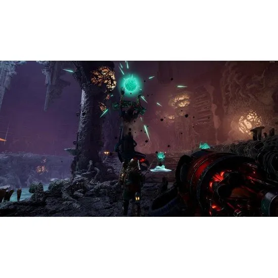 A group of four divers in glowing brass armour firing harpoon-like energy weapons at mutated sea creatures