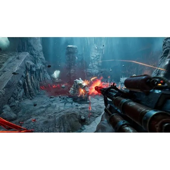 A group of four divers in glowing brass armour firing harpoon-like energy weapons at mutated sea creatures