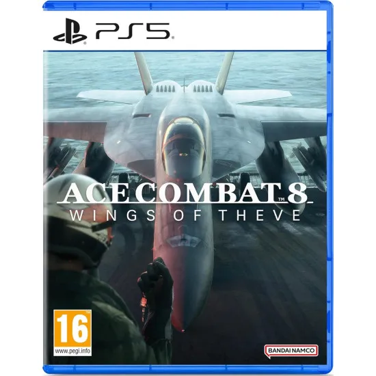 A PlayStation 5 game case depicting a sleek stealth jet accelerating upwards into the stratosphere above a highly detailed photorealistic coastline