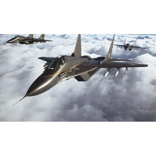 A PlayStation 5 game case depicting a sleek stealth jet accelerating upwards into the stratosphere above a highly detailed photorealistic coastline