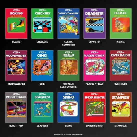 Evercade cartridge box featuring retro artwork from Pitfall II and H.E.R.O. with a list of included games