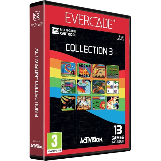 An Evercade cartridge case displaying a vibrant collage of vintage pixel-art gaming heroes and retro logos from the Activision archives
