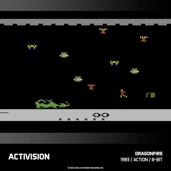 An Evercade cartridge case displaying a vibrant collage of vintage pixel-art gaming heroes and retro logos from the Activision archives