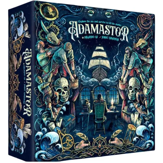 The box art of Adamastor board game showing a historical Portuguese caravel navigating through massive stormy waves under a dark brooding sky