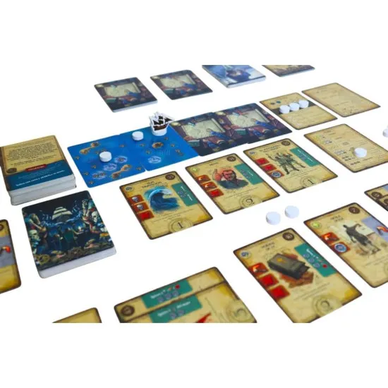 The box art of Adamastor board game showing a historical Portuguese caravel navigating through massive stormy waves under a dark brooding sky